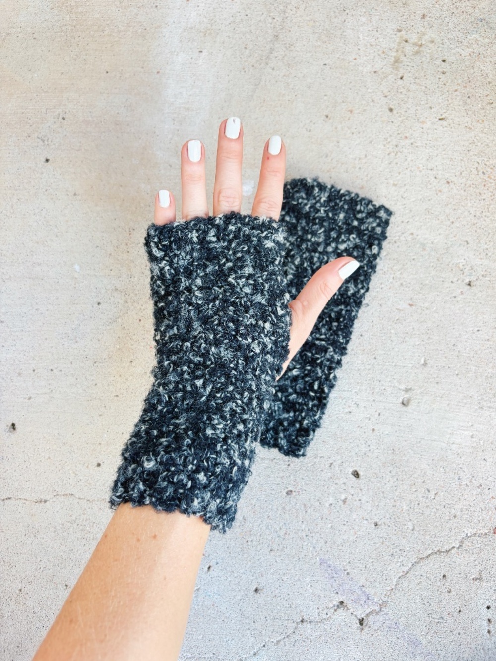 Handmade Crocheted Black and White Bouclé Fingerless Gloves